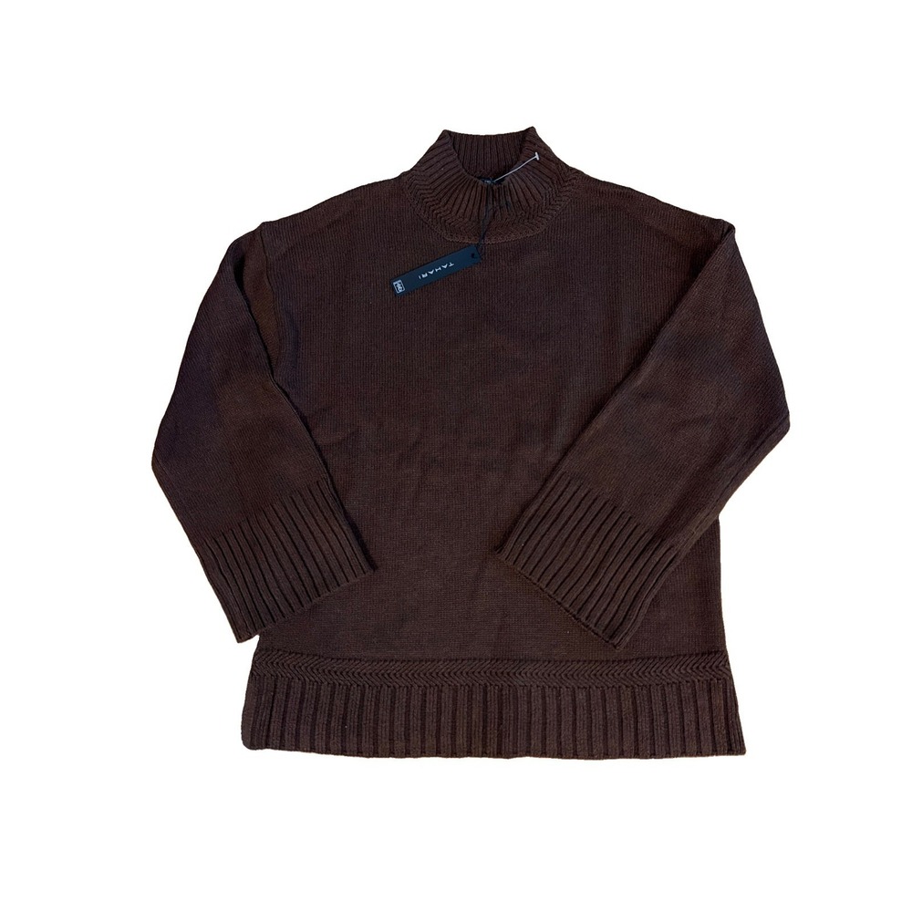 Tahari Knit Mock Neck Pullover Sweater S Solid Ribbed Trim Slits NWT